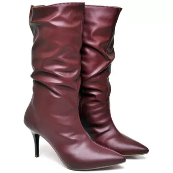 9106 Bota Cano Médio Enrugado Salto Fino Médio Napa Caramelo