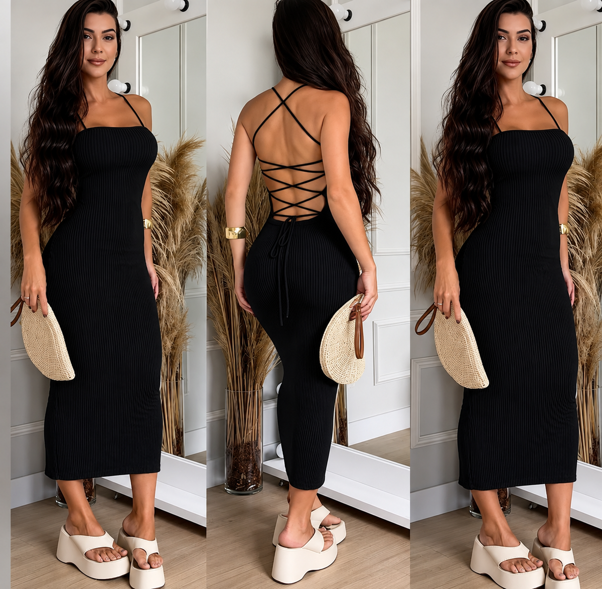Vestido Midi Preto Canelado