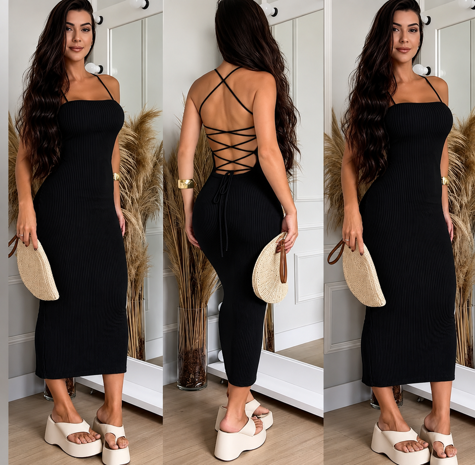 Vestido Midi Preto Canelado