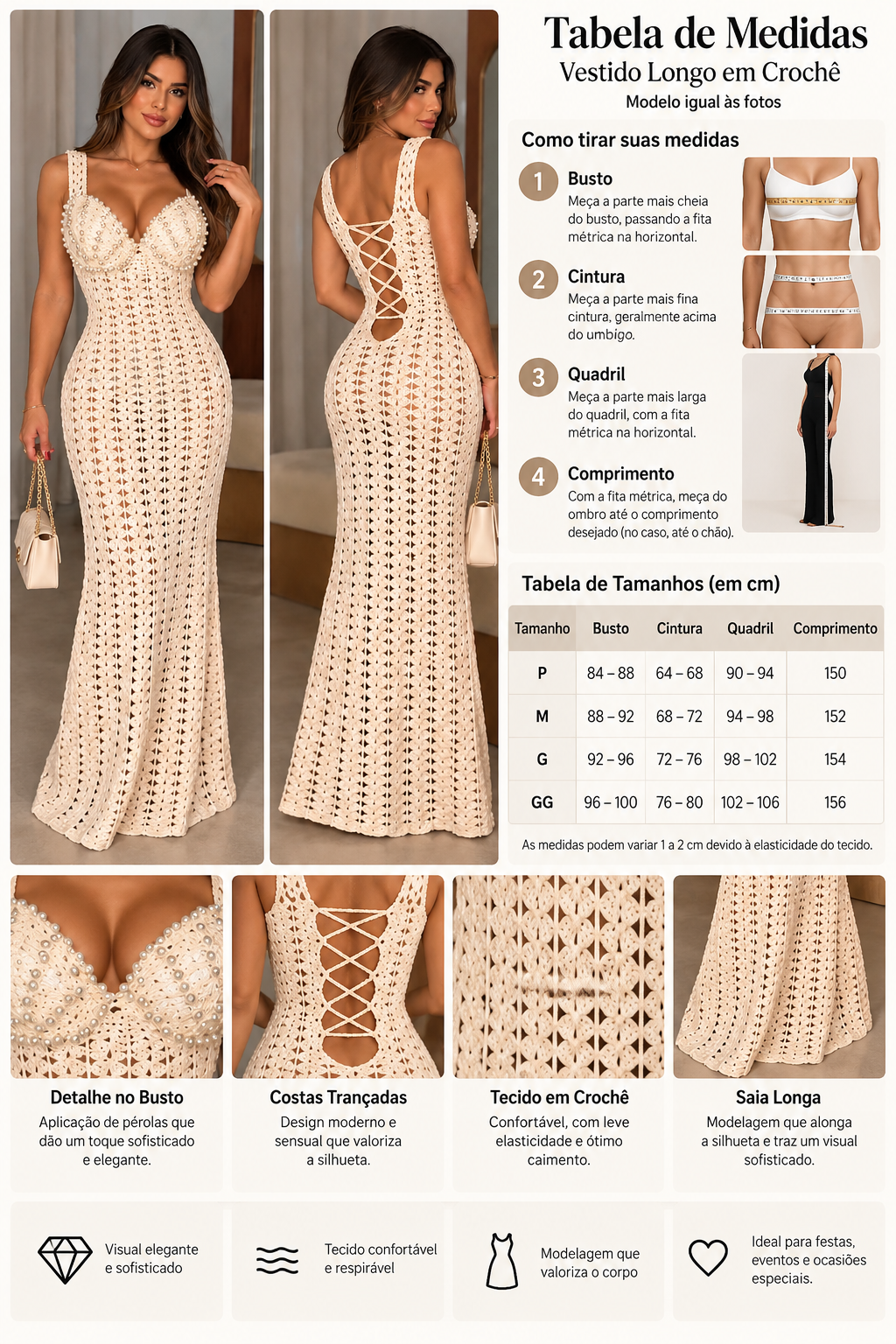 Vestido Longo de Crochê Pérola Elegance