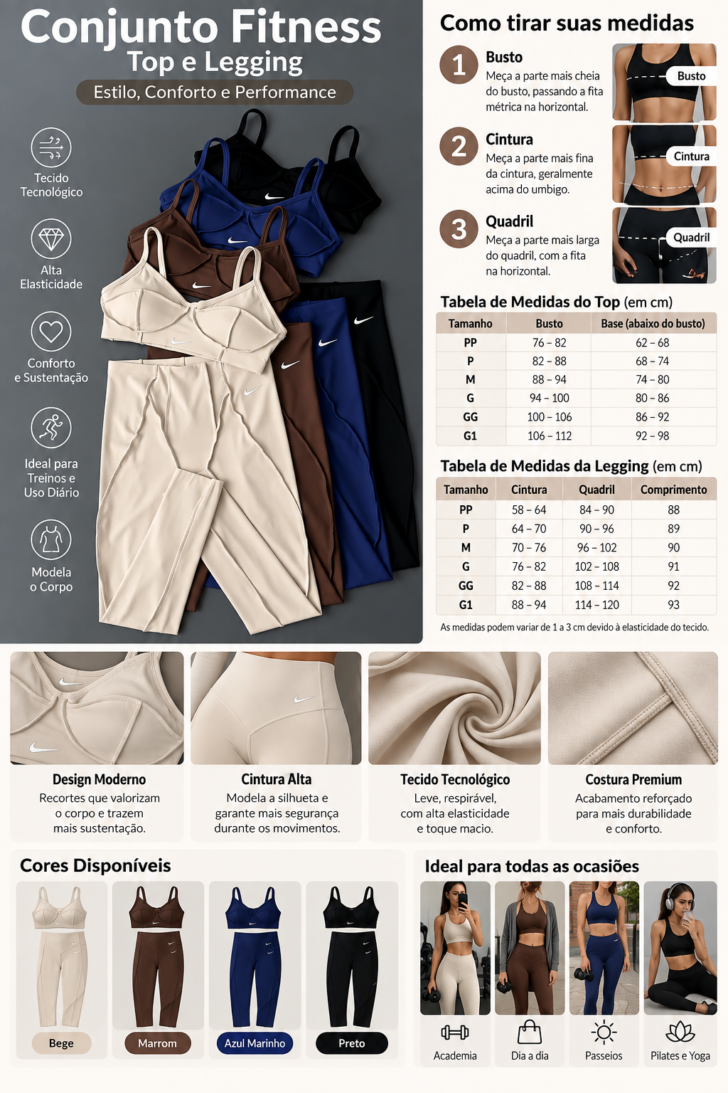 Kit 3 Conjuntos Fitness Sculpt – Top + Legging Modeladora