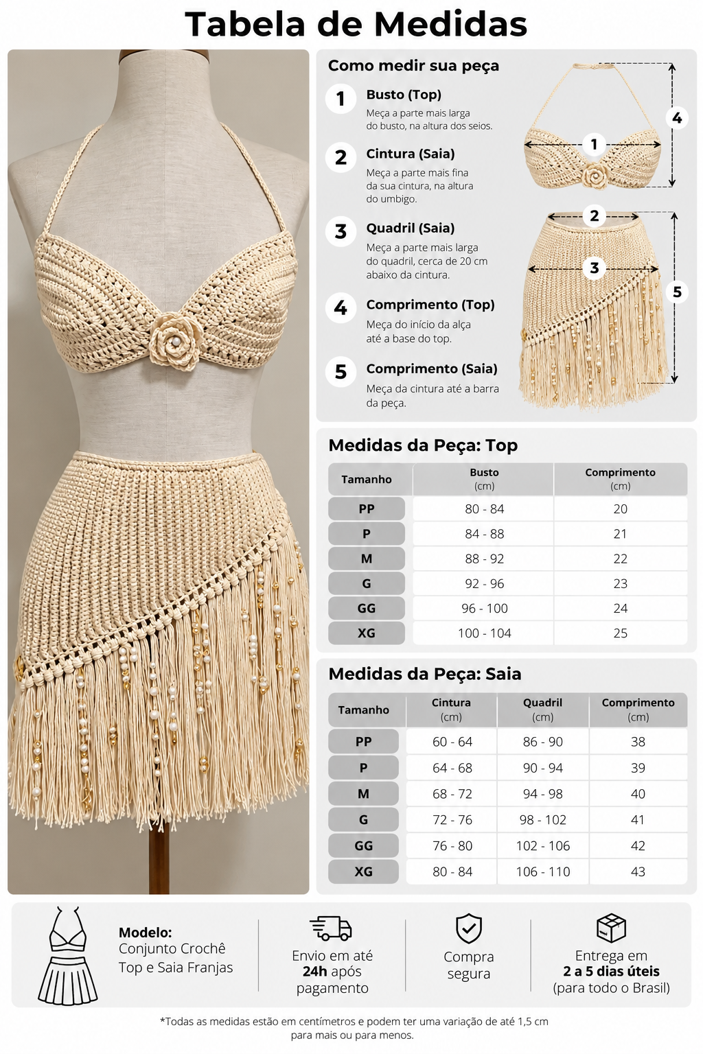 Conjunto de Crochê Marfim Boho com Franjas e Pérolas
