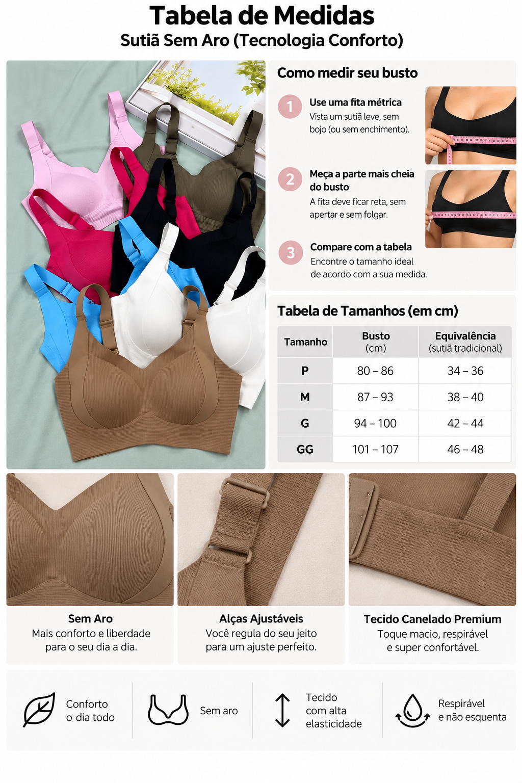 Kit com 3 Sutiãs Conforto Canelado