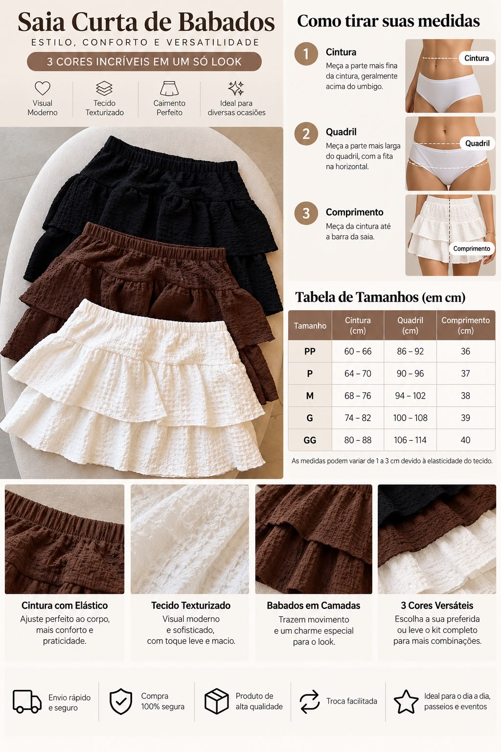Kit 3 Saias Babados Serena