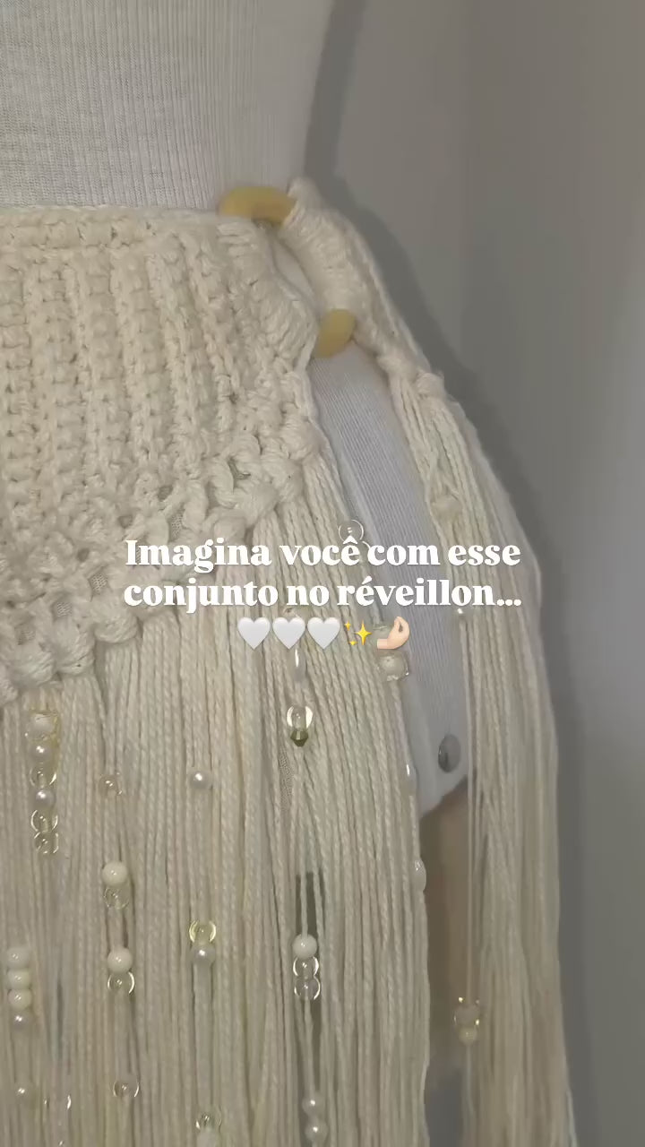 Conjunto de Crochê Marfim Boho com Franjas e Pérolas