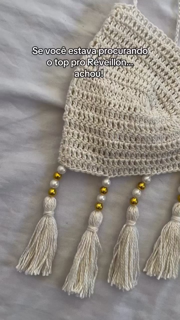 Top Crochê Boho Pérolas & Franjas